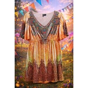 Boho Hippie Festival Top Large New Directions Paisley V-Neck Empire Waist Tunic